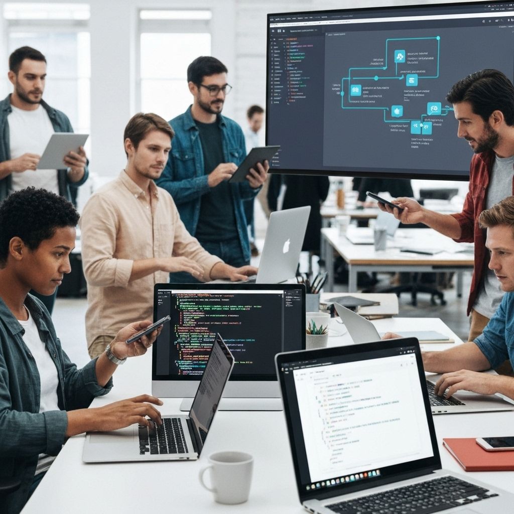 Software development team working on multiple devices and platforms
